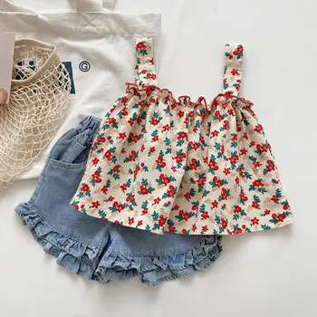 Kız Giysileri Set Kolsuz Gömlek ve Kot Şort Yeni Varış Moda Yaz Bebek Kız Giyim Seti Çocuk Giysileri 2 Adet Set