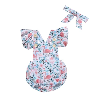 Bebek Romper Yaz Yenidoğan Bebek Kız Flamingo Sinek Kollu Romper + Kafa Bandı 2 adet Kıyafetler Giysileri Yeni