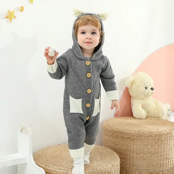 Kış Bebek Erkek Kız Tulum Sonbahar Kapşonlu Uzun Kollu Örme Yenidoğan Bebek Tulum Kıyafetler Tek Parça Yürümeye Başlayan Giysi 0-18m