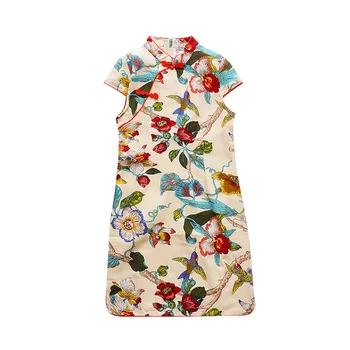 Yaz Kızların Kısa Kollu Elbise Cheongsam Keten Çiçek İşlemeli Ulusal Tarzı Pamuk çocuk Günü Elbise 5-12 Yaş