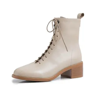 Yeni stil Hakiki deri bağcıklı çizmeler bayan botları Avrupa Sonbahar ve kış Bayan botları inek derisi kadın ayakkabısı