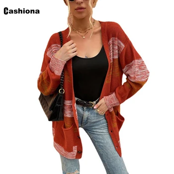 Cashiona 2021 Sonbahar Kadın Gevşek Örme Kazak Femme Patchwork Üstleri Streetwear Bayanlar Standı cep kazak Uzun Hırka