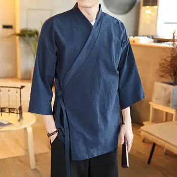 Artı Boyutu Gevşek Fit Japon Streetwear Kimono Gömlek Erkekler Düz Renk 3/4 Kollu Yaz Hırka Erkek Gömlek