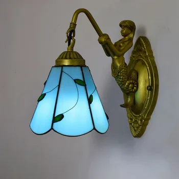 Moda Akdeniz mavi yaprak Abajur duvar lambası Mermaid vücut ayna ışık Rustik vitray yatak duvar lambası