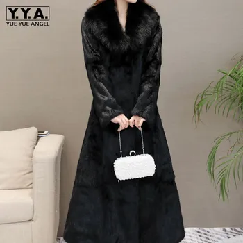 Yeni Kadın Gerçek Tavşan Kürk Uzun Ceket Tilki Kürk Yaka Slim Fit Palto Kalın Sıcak Uzun Giyim Kış Bayanlar Gerçek Kürk Ceket 6XL
