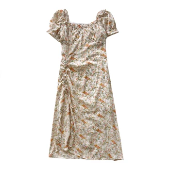 İpli yaz romantik slash boyun backless retro puf kollu bel yağlıboya çiçek bölünmüş elbise