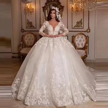 V yaka vintage 2023 dantel düğün prenses balo elbise boncuklu gelin düğün elbisesi parlak tül uzun kollu düğün elbisesi