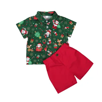 Toddler Erkek Bebek Noel Giysileri Set Çocuklar Yaz Kısa Kollu Santa Baskı Gömlek + Kırmızı Şort Gentalmen Takım Elbise 2-6Years