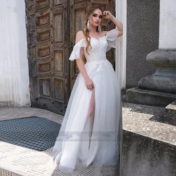 Sevgiliye Beyaz düğün elbisesi Dantel Aplikler Yüksek Yarık Organze Cap Kollu Kat Uzunlukta Gelin Törenlerinde Elbiseler De Mariee Yeni Varış
