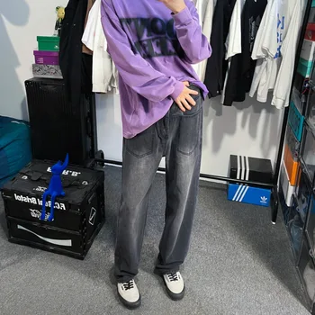 Mavi Siyah Şalvar Kot Erkekler Moda Cepler Rahat Düz Kot Erkekler Japon Streetwear Hip Hop Gevşek Kot Pantolon Erkek Pantolon