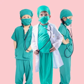 Çocuk Cerrahi Üniforma Çocuklar Doktor Hemşire Iş Gömlek Pantolon Ceket Takım Elbise Erkek Kız Cadılar Bayramı Fantezi Parti Doğum Günü Cosplay Kostüm