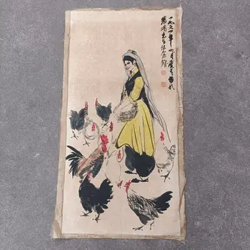 Eski Çin Kaydırma Boyama El Boyalı Güzellik ve Tavuk Boyama Pirinç Kağıdı