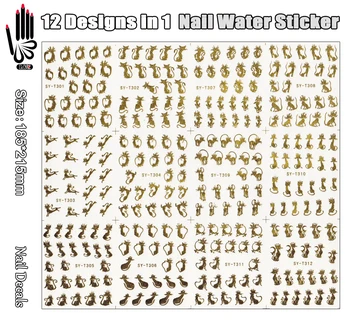12 Sheets/Lot Nail Art Dekorasyon T301-312 Mix Altın Çılgın Kedi Nail Art Su Sticker Çıkartma Nail Art İpucu(12 tasarımlar 1)