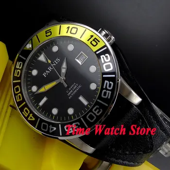 Parnis 42mm siyah kadran aydınlık eller ve işaretleri safir cam deri kayış MİYOTA Otomatik erkek saati 605A relogio masculino