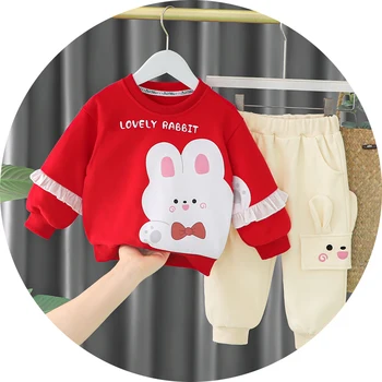 Karikatür Tavşan Hoodie + Pantolon Bebek Bebek Kız Giysileri Takım Elbise 0-4 Yıl Bahar Sonbahar Çocuk Kız Erkek Kazak Seti Uzun Kollu