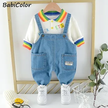 Ilkbahar Sonbahar Bebek Giysileri Takım Elbise Bebek Kız Erkek giyim setleri Moda T Shirt Denim Önlük Pantolon 2 Adet Çocuk Çocuk Kostüm