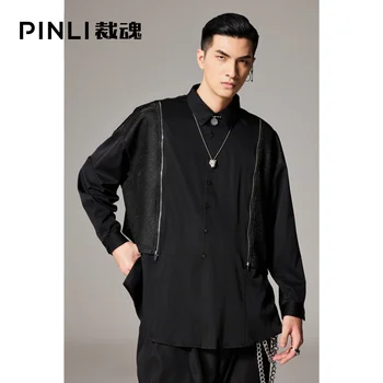 Ücretsiz kargo yeni siyah kişilik eğilim moda rahat sonbahar erkek fermuar dekorasyon dikiş uzun kollu gömlek BC213113336