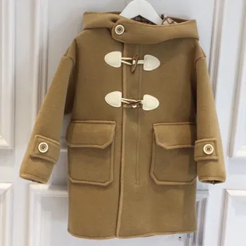 Bebek kız erkek kış İngiltere tarzı Korna düğmesi yün palto çocuk çocuk vintage yün karışımları ceket