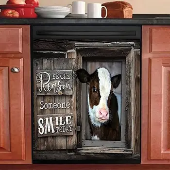 Çiftlik İnek Bulaşık Makinesi mıknatıslı kapı Kapak, Çiftlik Evi Ahşap Çerçeve Dekor Buzdolabı Mıknatısları Mutfak Dekoratif, Komik Sığır Buzdolabı Mag