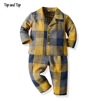 Üst ve Üst Sonbahar Kış çocuk pijamaları Pamuk Ekose Bebek Pijama Seti Kız Erkek İç Çamaşırı Gömlek + Şort Çocuk Pijama 2 Adet
