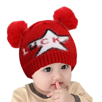 Toddler Bebek Kış Sıcak Yün Şapka Örgü Yıldız Baskı Bere Kürk Bobbles Kap 0-3 Yıl Çocuklar için