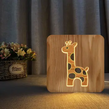 Zürafa 3D Led Ahşap Gece ışıkları Çocuk Yatak odası Oturma Odası Dekorasyon ahşap Içi Boş oyma Masa Lambası sıcak beyaz ışık
