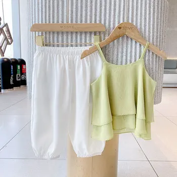 2022 Moda Bebek Giysileri Yaz Düz Renk Kolsuz Gömlek + Pantolon İki adet Takım Elbise Çocuk Kız Kostüm Kıyafet Rahat Setleri