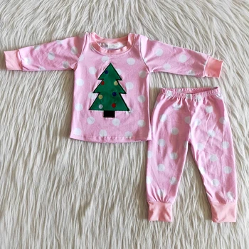 100 % Pamuk Kış çocuk pijamaları Seti Kız Nokta Noel Kıyafetleri Yürümeye Başlayan Noel Ağacı Pembe Renk Giysileri Nakış