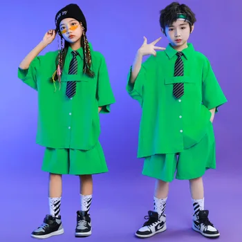Çocuklar Hip Hop Kıyafetler Gösterisi Giyim Yeşil Gömlek Üstleri Streetwear Şort Kız Caz dans kostümü Sahne Giysileri Erkek Eşofman Yaz