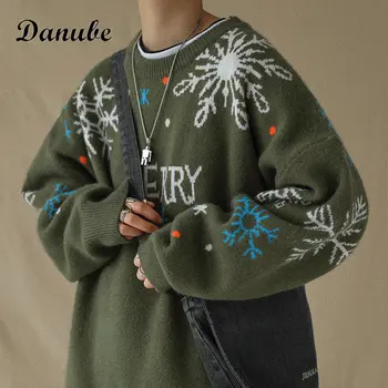 Vintage Kar Desen Noel Yeşil Kazak Erkekler Sonbahar Kış Harajuku Rahat O-Boyun Kazak Streetwear Gevşek Örme Süveter