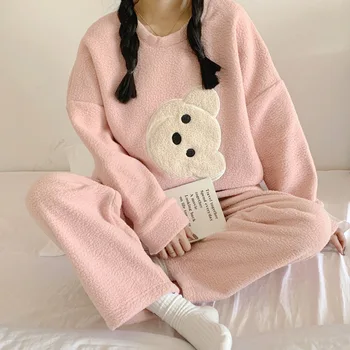 Yasuk Kış Moda kadın Rahat Güzel Katı Ayı Baskı Sıcak Pijama Gecelik Sevimli Pijama Pamuk Pantolon Pazen Üst