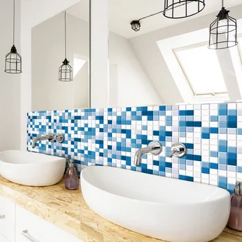 Yeni kendinden yapışkanlı mozaik su geçirmez ve yağ geçirmez duvar yüzeyi mavi ve beyaz işareti dekoratif duvar sticker