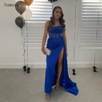 Sumnus Straplez Seksi Abiye Mermaid Leke Plise Bacak Yarık Kraliyet Mavi Glitter Elbiseler De Soirée Uzun Vestidos De Noche