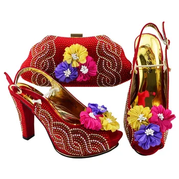 Yeni Afrika Moda Kadın Ayakkabı Ve çanta seti Düğün İçin Son İtalyan tasarım Ayakkabı Ve uyumlu çanta seti Kırmızı Renk