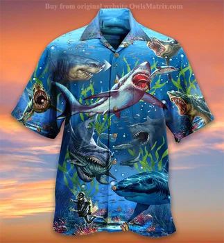 Yeni Hawaiian Erkek Gömlek Megalodon Boyama Köpekbalığı Hawaii Plaj Tatil Artı Boyutu Kısa Kollu Düğme Gömlek