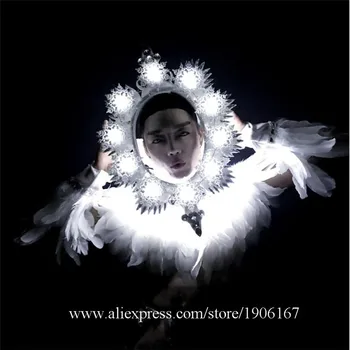 Gece kulübü Erkekler DS Beyaz Tüy Giyim LED Sihirli Ayna Kostümleri sevgililer Günü Hediyesi Beyaz Performans DJ Şarkıcı Dansçı Kıyafeti