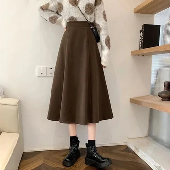 Pilili Etek Kadın Orta Buzağı Katı Sıcak Tüm Maç Ulzzang Zarif Faldas A-Line İmparatorluğu Moda Rahat Kış Kızlar Streetwear
