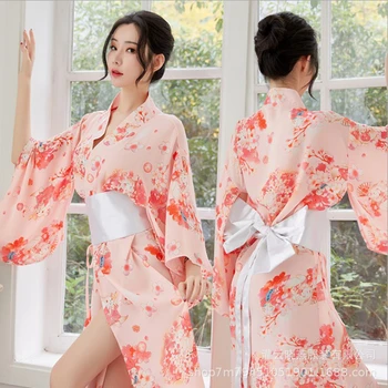 Toptan Japon Kawaii Pembe Kimono Beyaz Yay-Düğüm Kemer Ve Tanga Seksi Hizmetçi Cosplay Kostümleri Kadın AV Kıyafeti