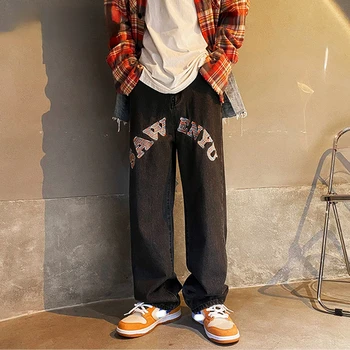 Erkek Traf Nakış Y2K Moda Giyim Tasarımcısı Streetwear Miod Bel Mop Denim Pantolon Pantolon Kot Erkekler Gençler İçin