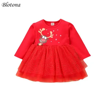 Blotona Küçük Kızlar Uzun kollu Örgü İpliği Elbise Moda Noel Ren Geyiği Desen Yuvarlak Boyun Çocuk Prenses Elbise 1-4Y