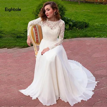 Eightale Boho düğün elbisesi Uzun Kollu Dantel Üst Şifon Etek Beyaz Fildişi Plaj Gelinlikler Uzun Kemer Gelin Elbise 2019