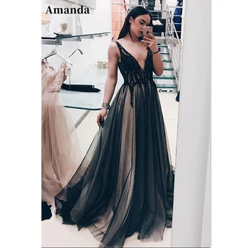 Amanda Seksi V Yaka Siyah Balo Elbise Dantel Nakış فستان سهرة Kolsuz Örgün Durum Elbise Tül Düğün Parti Elbise