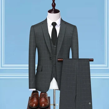 Yüksek kalite (takım elbise + yelek + pantolon) İngiliz tarzı moda rahat parti düğün elbisesi moda erkek ince takım elbise üç parçalı takım elbise
