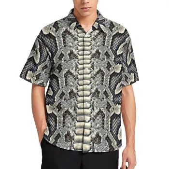 Krem Ve Gri Yılan Derisi Gömlek Hawaiian Yılan Ölçekler Baskı Casual Gömlek Bluzlar Kısa Kollu Vintage Boy
