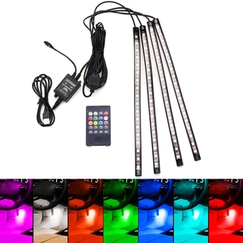 4XDC12V 12 LED ışıkları USB kablosuz müzik kontrol cihazı 8 renk RGB araba iç aydınlatma