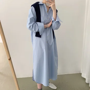 Johnature Kore kadın kıyafetleri Elbise 2023 Bahar Yeni Basit Düz Renk Gevşek Turn-aşağı Yaka Gömlek Elbiseler 3 Renk