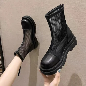 Örgü Çizmeler Kadın Yaz Moda ayak bileği bağcığı çizmeler Kadın ayakkabıları Siyah Sandalet İçi Boş Nefes Fermuar Platformu Çorap Çizmeler
