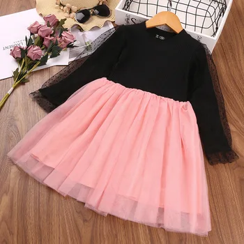 2-7 Yıl yüksek kaliteli yay Kız Elbise 2022 Yeni Dantel Şifon Katı Dökümlü Dantelli Çocuk Çocuk Giyim Kız Prenses Elbise