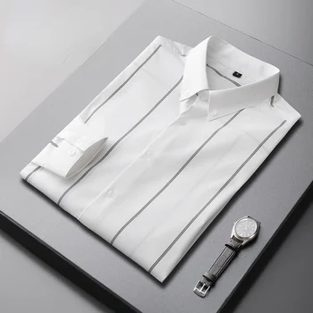 Sonbahar Yeni 2022 Yeni Kore Moda Resmi Düğme Aşağı Bluz Erkekler Tasarım Marka Slim Fit Erkek Üstleri Uzun Kollu Çizgili Gömlek W384