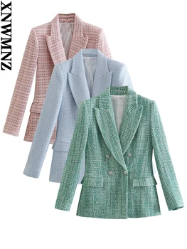 XNWMNZ 2022 Casual Kadın Tüvit Blazer Vintage Ofis kadın ceketi Ceket Kruvaze Bahar Sonbahar Giyim Kadın Chic Tops